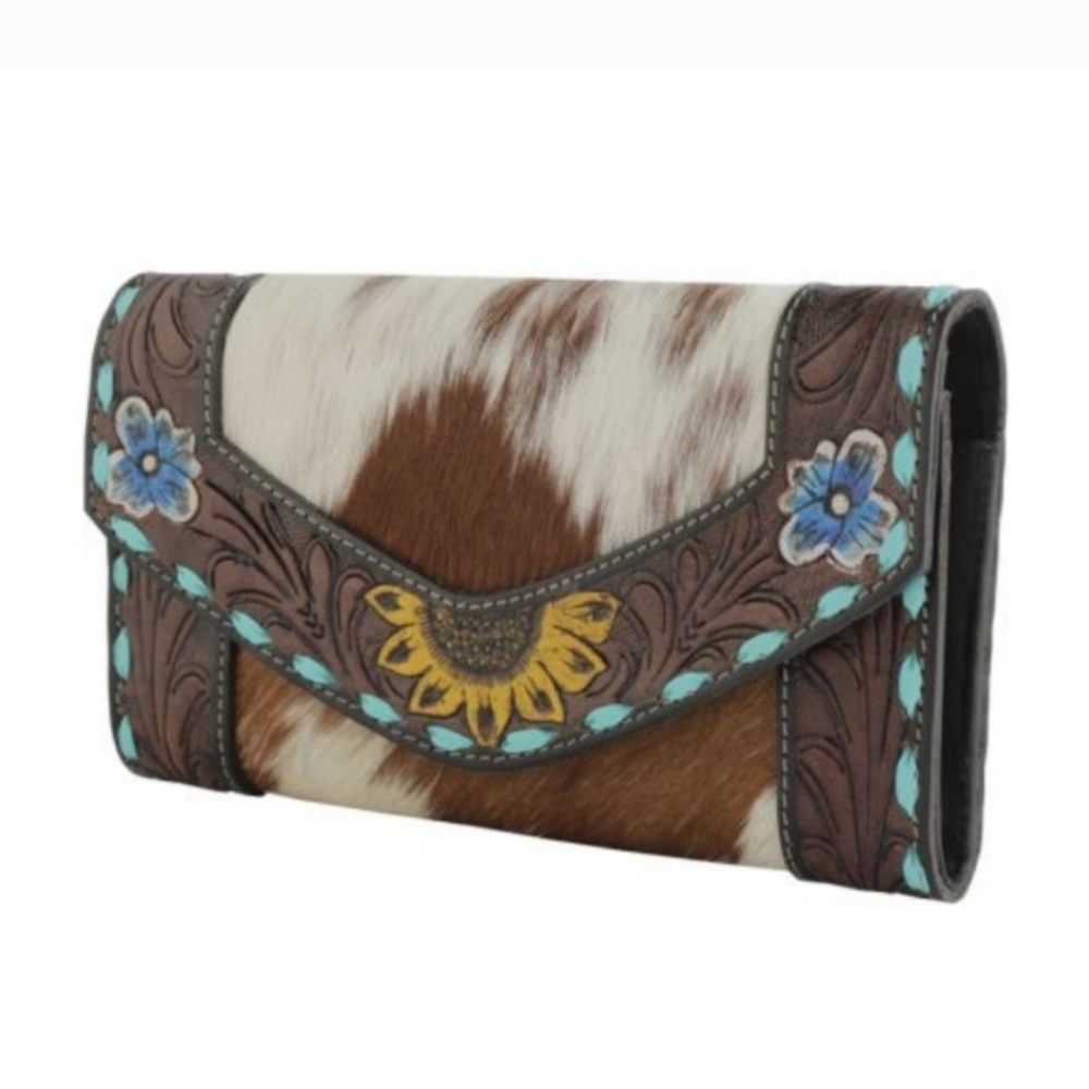 New! Myra Bag Cowhide Hand Tooled Leather Sunflower Turquoise Buckstitch… - Picture 4 of 8
